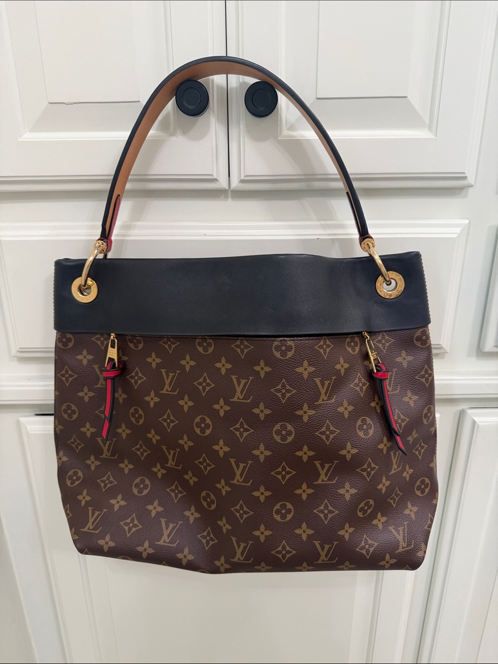 Tuileries Hobo Monogram Canvas Shoulder Bag with Black Trim and Red Accents - Picture 1 of 8